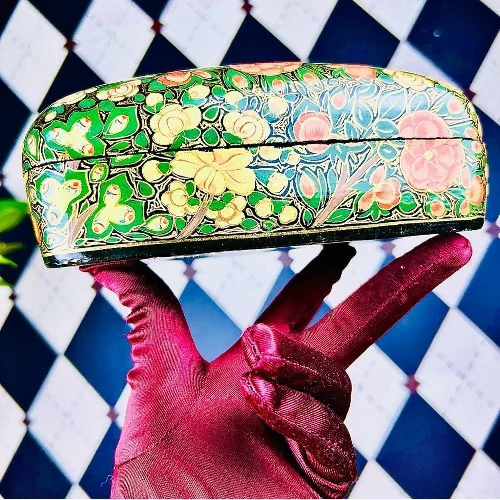 Boho‎ Lacquer Lidded Box Handpainted Kashmiri: Florals Gold, Red Green India 7